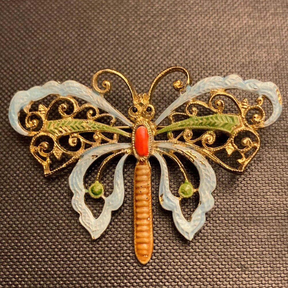 Designer Mid Century Arthur Pepper Yellow Pink Brown Gold Tone Butterfly Brooch